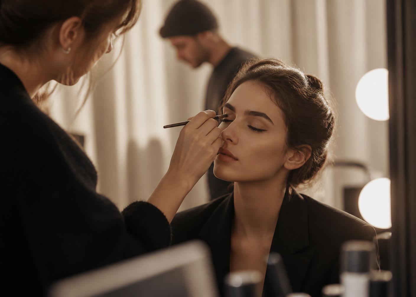 Makeup artist working with a client backstage on set